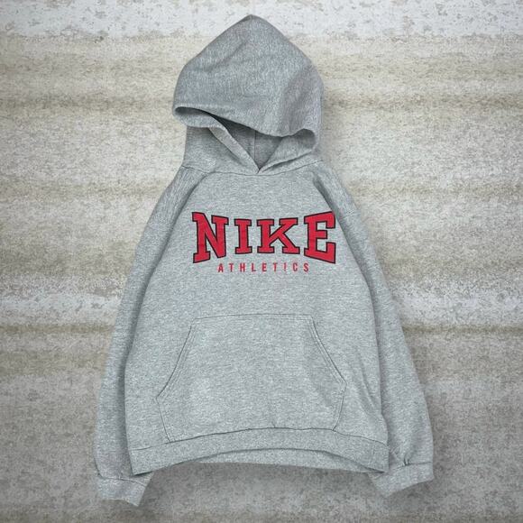 Nike Other - Vintage 90s Nike Hoodie Youth L Grey Red Spellout Cotton Pullover USA Made